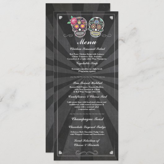 Invitation Menu de mariage à tableau noir Crânes de Sucre (Devant / Derrière)