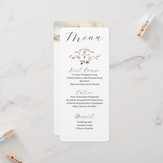 Invitation Menu de mariage automnal romantique (Devant/Arrière en situation)