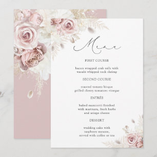 Invitation Menu de mariage chic poussiéreux fleurs roses rose