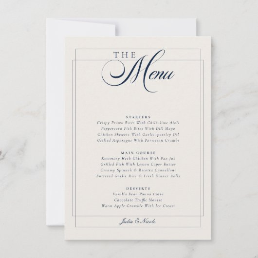 Invitation Menu de mariage classique calligraphié bleu marine (Devant)