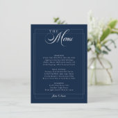 Invitation Menu de mariage classique calligraphié bleu marine (Debout devant)
