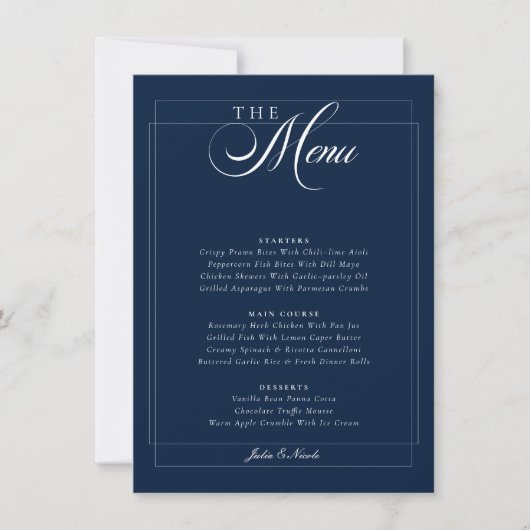 Invitation Menu de mariage classique calligraphié bleu marine (Devant)