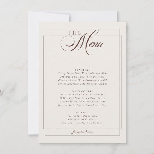 Invitation Menu de mariage classique Choco Brown Ivory Callig (Devant)