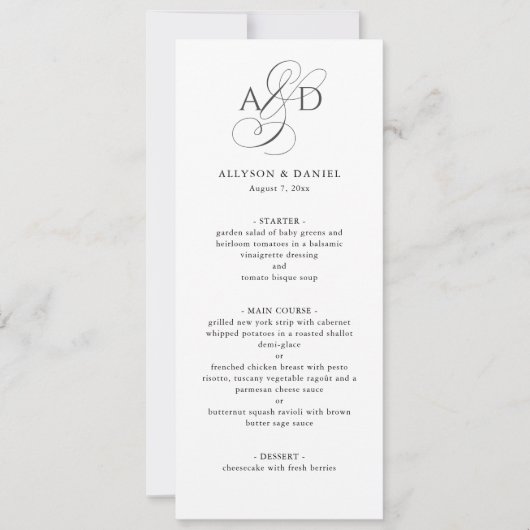 Invitation Menu de mariage classique monogramme écriture élég (Devant)