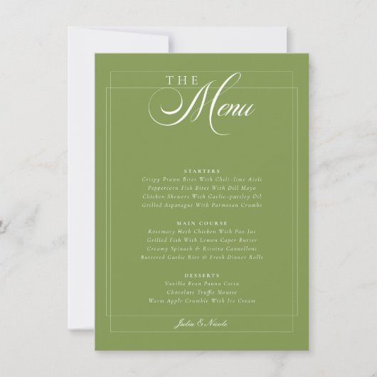 Invitation Menu de mariage classique vert olive ivoire callig (Devant)