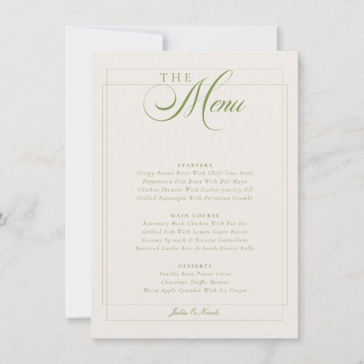 Invitation Menu de mariage classique vert olive ivoire callig (Devant)