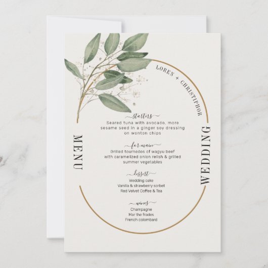 Invitation Menu de mariage élégant vert et or (Devant)