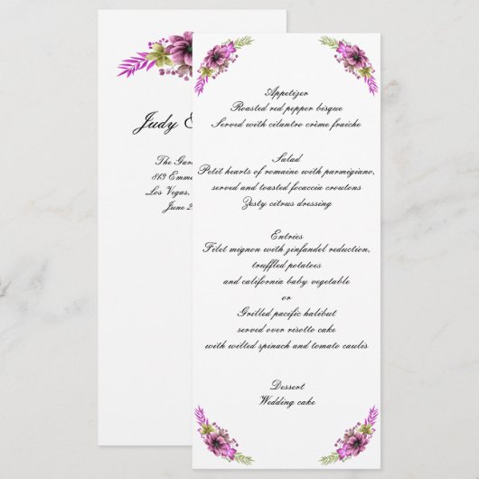 Invitation Menu de mariage floral à l'aquarelle rose et vert (Devant / Derrière)