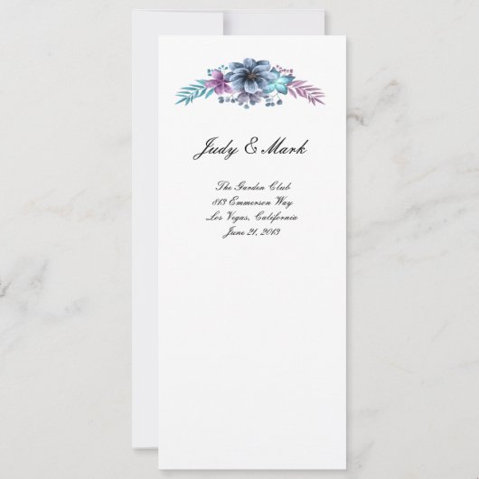 Invitation Menu de mariage floral aquarelle bleu et violet (Dos)