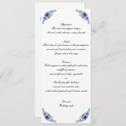 Invitation Menu de mariage floral aquarelle bleu et violet (Devant / Derrière)