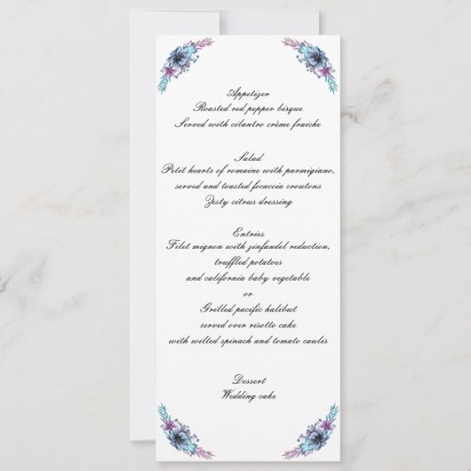 Invitation Menu de mariage floral aquarelle bleu et violet (Devant)