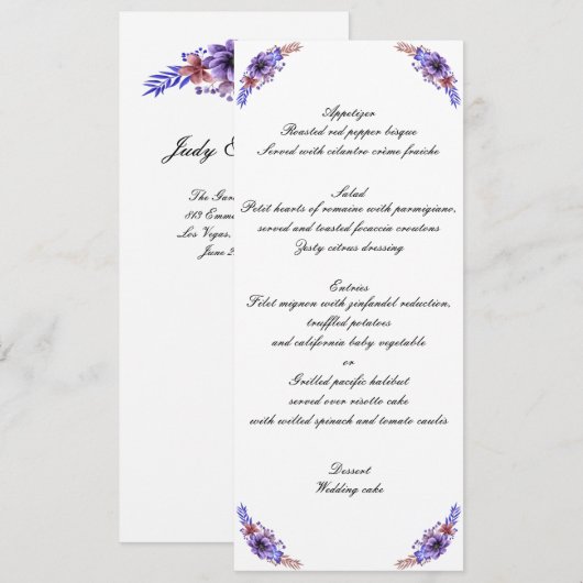 Invitation Menu de mariage floral aquarelle violet et bleu (Devant / Derrière)