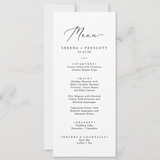 Invitation Menu de Mariage imprimé ou imprimé noir délicat (Devant)