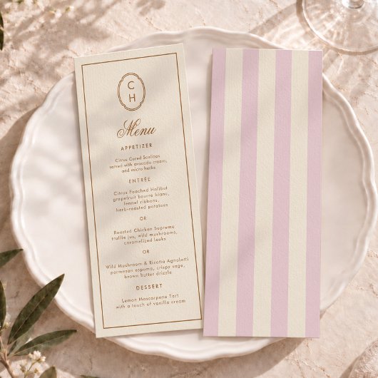 Invitation Menu de mariage long monogrammé rayé rose tendre