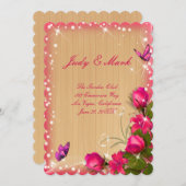 Invitation Menu de mariage papillon floral rose en bois rusti (Devant / Derrière)