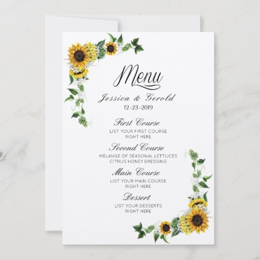 Invitation Menu de mariage rustique de grange avec tournesols (Devant)