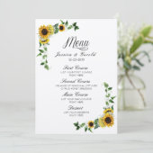 Invitation Menu de mariage rustique de grange avec tournesols (Debout devant)