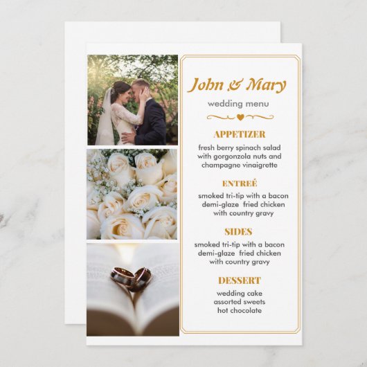 Invitation Menu de mariage simple avec photos (Devant / Derrière)