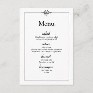 Invitation Menu de mariage simple élégant noir et blanc