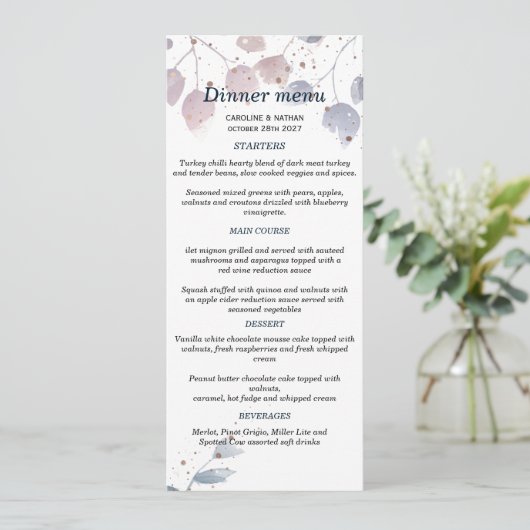 Invitation Menu de mariage simple et élégant avec verdure (Debout devant)