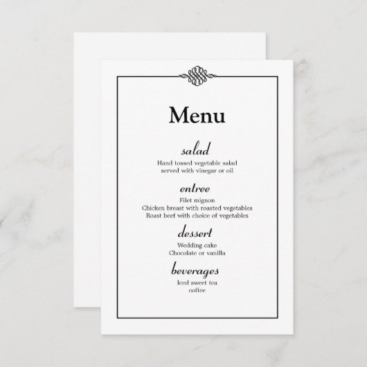Invitation Menu de mariage simple et élégant noir et blanc (Devant / Derrière)