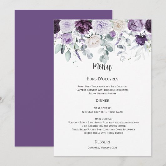 Invitation Menu de mariage violet foncé, lavande et blanc (Devant / Derrière)