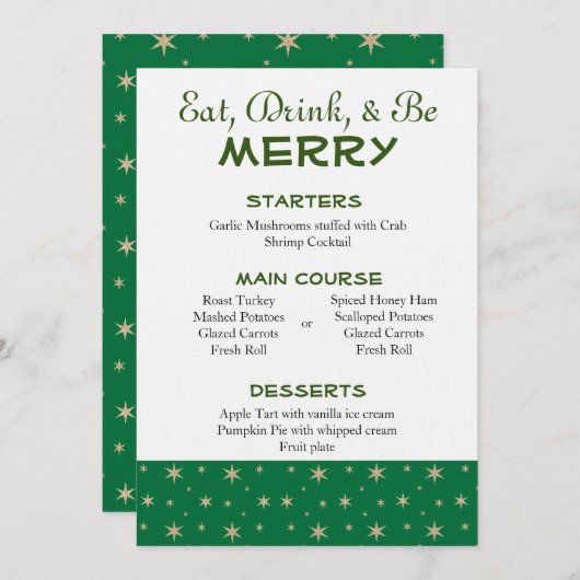 Invitation Menu de Noël Etoiles vertes et dorées (Devant / Derrière)