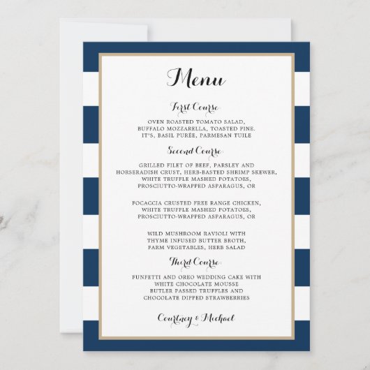 Invitation Menu de réception de mariage avec rayures bleu mar (Devant)