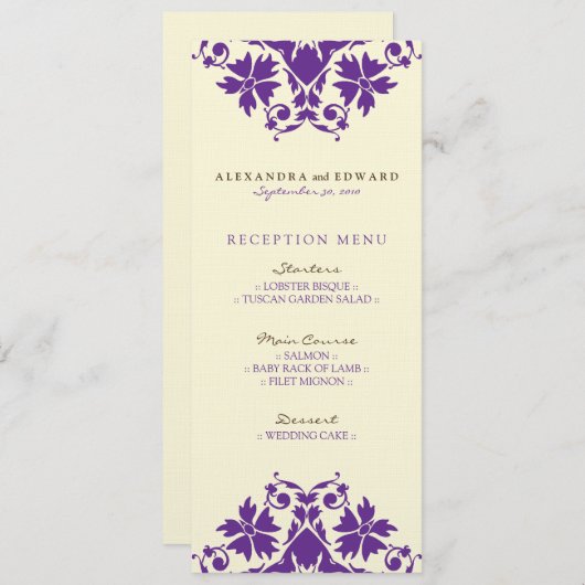 Invitation Menu de réception de mariage décoratif (violet) (Devant / Derrière)