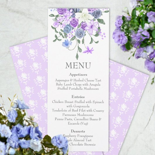 Invitation Menu Dîner Bouquet Rose bleu clair violet