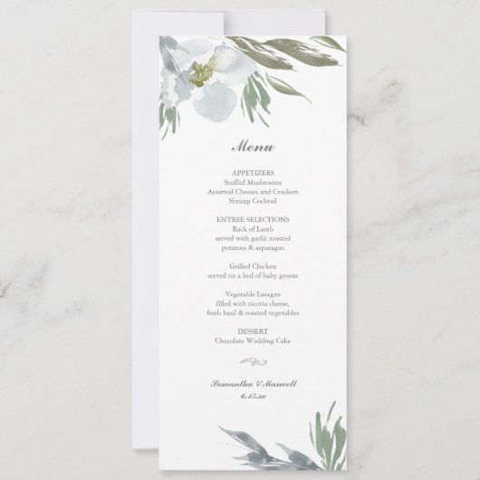 Invitation Menu Dîner Floral Bleu Dusty (Devant)