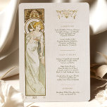 Invitation Menu Dîner Mariage Art Nouveau par Mucha<br><div class="desc">Ajoutez une touche d'élégance et de sophistication à votre réception de mariage avec ce menu Mariage Art Nouveau. L'aquarelle présente l'un des Muses de Mucha tenant un verre de champagne, créant un sentiment de luxe et de fête. Le style Art Nouveau se caractérise par ses lignes fluides et ses motifs...</div>