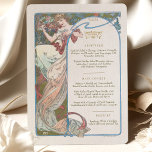 Invitation Menu Dîner Mariage Art Nouveau par Mucha<br><div class="desc">Ajoutez une touche d'élégance et de sophistication à votre réception de mariage avec ce menu Mariage Art Nouveau. L'aquarelle présente l'un des Muses de Mucha tenant un verre de champagne, créant un sentiment de luxe et de fête. Le style Art Nouveau se caractérise par ses lignes fluides et ses motifs...</div>