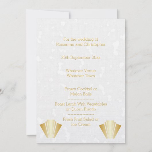Invitation Menu Dîner mariage Gold Art Deco (Dos)