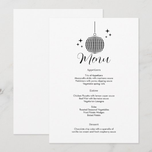Invitation Menu du dîner boule disco (Devant / Derrière)
