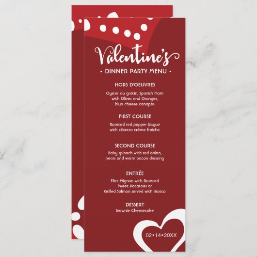 Invitation Menu du dîner de la Saint-Valentin sur mesure (Devant / Derrière)