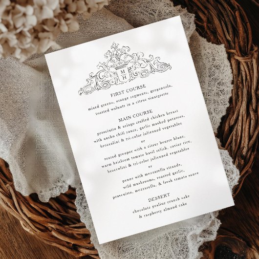 Invitation Menu du dîner Mariage noir et blanc d'antiquité