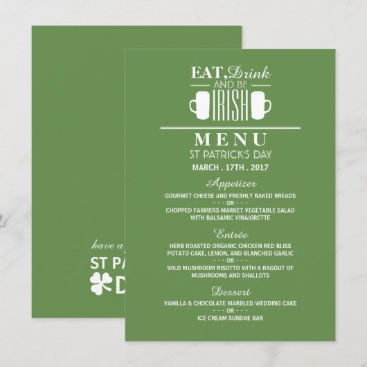 Invitation Menu du jour de la St Patrick irlandais shamrock e (Devant / Derrière)