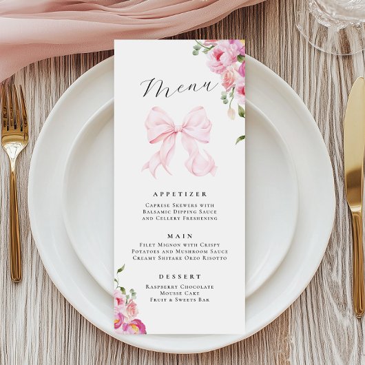 Invitation Menu Élégant Fleurs Rose Ruban