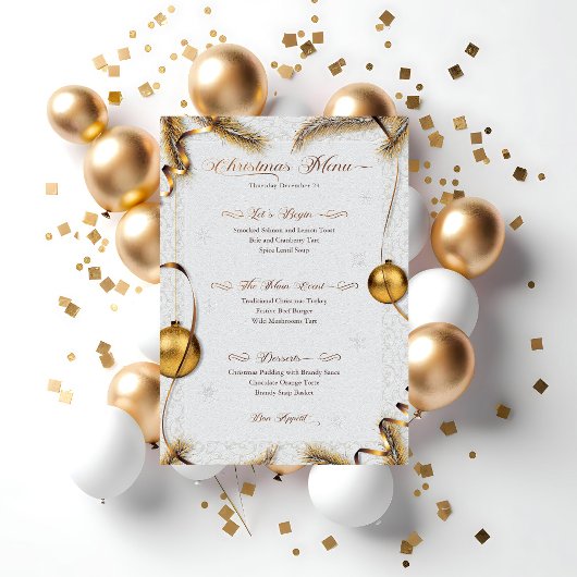 Invitation Menu Festif Gold & White Christmas Diner