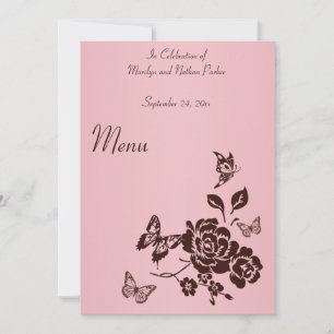 Invitation Menu Fleurs et papillons rose et Brown