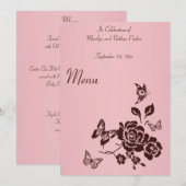 Invitation Menu Fleurs roses et brunes et papillons rougissan (Devant / Derrière)
