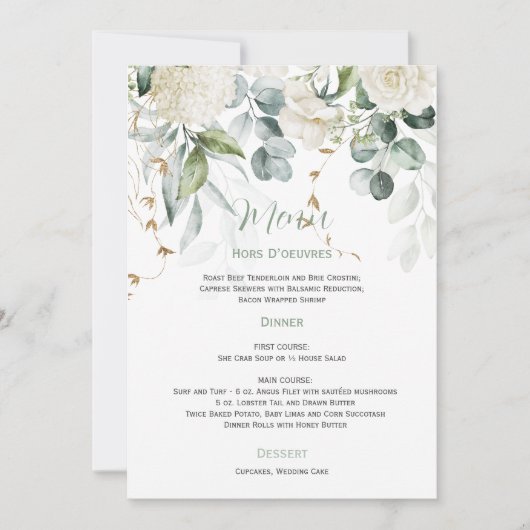 Invitation Menu Floral blanc et Mariage Eucalyptus (Devant)