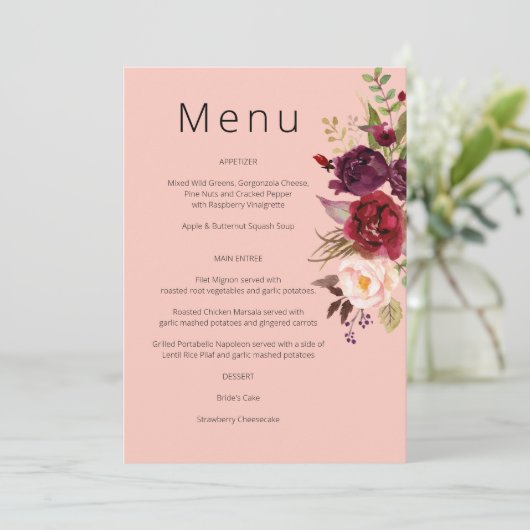 Invitation Menu floral Burgundy Marsala et Blush - Rose 2 In (Debout devant)