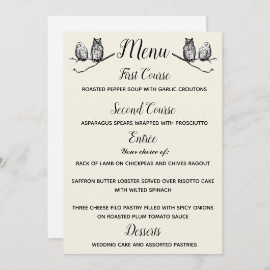 Invitation Menu Hiboux de la Forêt Rustique (Devant / Derrière)