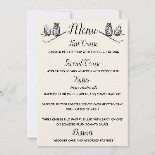 Invitation Menu Hiboux Forêt Rustique (Devant)