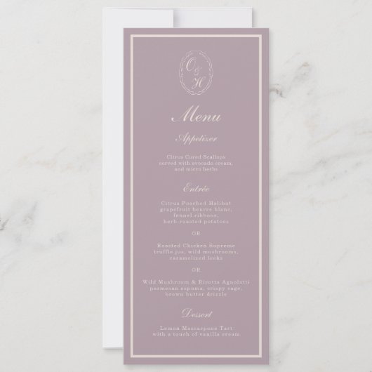 Invitation Menu long de mariage à monogramme mauve élégant (Devant)
