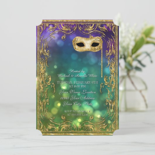 Invitation Menu Mardi Gras Masquerade Bokeh Gold Parties scin (Debout devant)