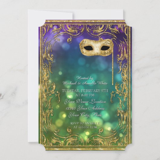 Invitation Menu Mardi Gras Masquerade Bokeh Gold Parties scin (Devant)