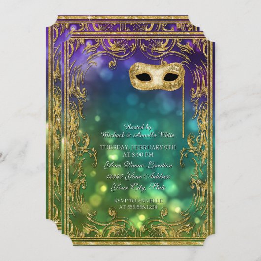 Invitation Menu Mardi Gras Masquerade Bokeh Gold Parties scin (Devant / Derrière)